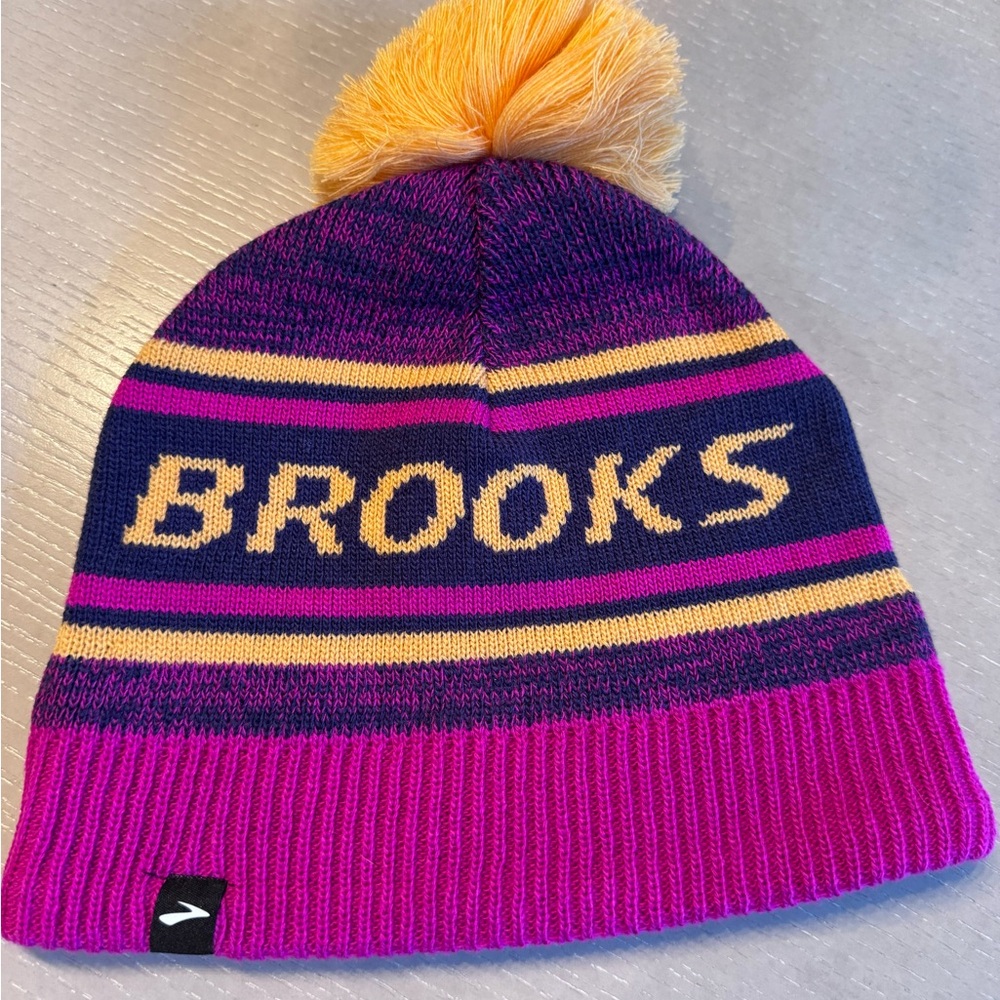 Brooks Running Pom Beanie Pink Purple Gold Fleece Lined OSFA